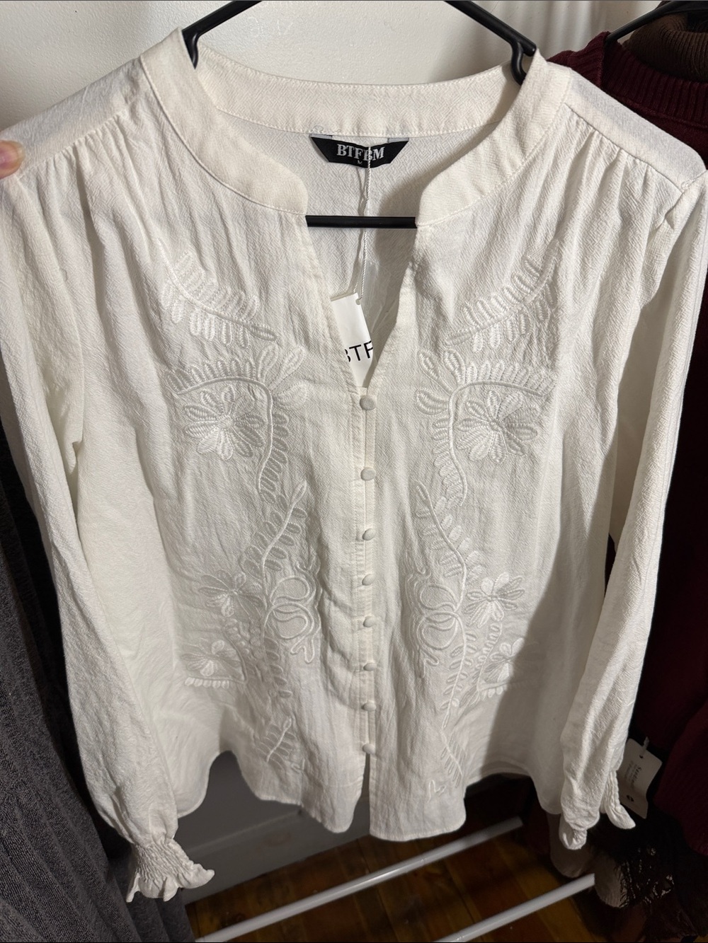 BTFGM Women's White Embroidered Button-Up Blouse